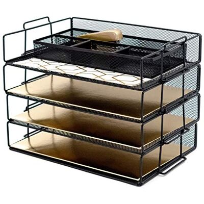 Blu Monaco Bureau-organizer en accessoires, stapelbare papierlade met 4 niveaus, bestandsorganizer van zwart metaalgaas Blu Monaco Bureau-organizer en accessoires, stapelbare papierlade met 4 niveaus, bestandsorganizer van zwart metaalgaas