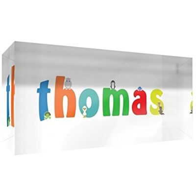Little Helper Decoratief herinneringsstuk van acryl, transparant, gepolijst als diamant, illustratiestijl, kleurrijk, met de naam van jongens, Thomas, 5 x 21 x 2 cm, groot Little Helper Decoratief herinneringsstuk van acryl, transparant, gepolijst als diamant, illustratiestijl, kleurrijk, met de naam van jongens, Thomas, 5 x 21 x 2 cm, groot