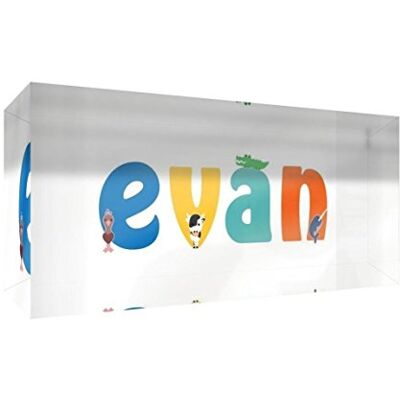 Little Helper Decoratief herinneringsstuk van acryl, transparant, gepolijst als diamant, illustratief, kleurrijk, met de naam van de jong, Evan, 5 x 21 x 2 cm, groot Little Helper Decoratief herinneringsstuk van acryl, transparant, gepolijst als diamant, illustratief, kleurrijk, met de naam van de jong, Evan, 5 x 21 x 2 cm, groot