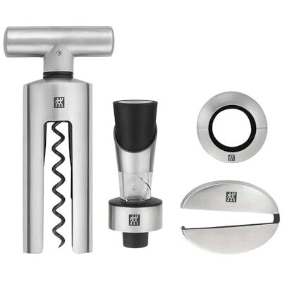 ZWILLING Sommelierset, 4-delig (kurkentrekker, mini-decanner, druppelbescherming, capsulesnijder), roestvrij staal 18/10, kleur zilver, serie Sommelier ZWILLING Sommelierset, 4-delig (kurkentrekker, mini-decanner, druppelbescherming, capsulesnijder), roestvrij staal 18/10, kleur zilver, serie Sommelier