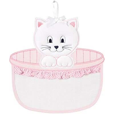 FILET Babygeboortestrik in de vorm van een kitten in de Aida canvas mand om op te hangen, ideaal om op te hangen om de geboorte van een meisje aan te kondigen, 100% Made in Italy, kleur wit en roze FILET Babygeboortestrik in de vorm van een kitten in de Aida canvas mand om op te hangen, ideaal om op te hangen om de geboorte van een meisje aan te kondigen, 100% Made in Italy, kleur wit en roze