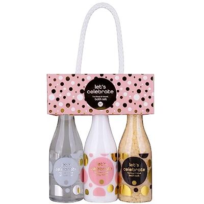 accentra Laten we de cadeauset voor dames in champagneflessen van kunststof vieren Bad- en doucheset met theeroos en fluweel inclusief douchegel, bodylotion en zouten accentra Laten we de cadeauset voor dames in champagneflessen van kunststof vieren Bad- en doucheset met theeroos en fluweel inclusief douchegel, bodylotion en zouten
