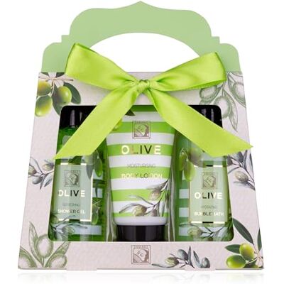 accentra Olive doucheset voor dames in mooie geschenkdoos 3-delige verzorgingsset met douchegel, bodylotion en schuimbad Wellness-geschenkdoos voor de accentra Olive doucheset voor dames in mooie geschenkdoos 3-delige verzorgingsset met douchegel, bodylotion en schuimbad Wellness-geschenkdoos voor de