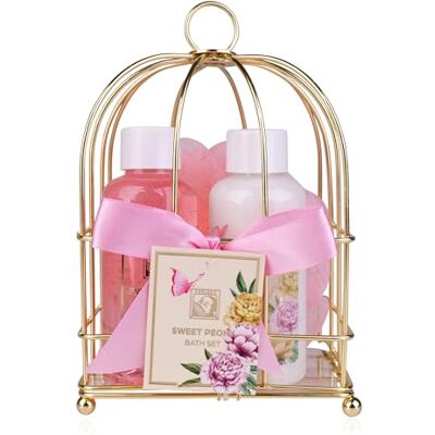 accentra Sweet Peony cadeauset voor dames in prachtige metalen mand, 3-delige verzorgingsset met douchegel, bodylotion en badspons, wellness-geschenkdoos voor de accentra Sweet Peony cadeauset voor dames in prachtige metalen mand, 3-delige verzorgingsset met douchegel, bodylotion en badspons, wellness-geschenkdoos voor de