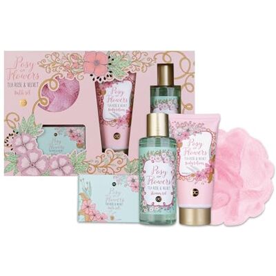 accentra POSY OF FLOWERS 4-delige cadeauset voor dames, badset met bodylotion, badzout, douchegel en netspons wellnessset voor vrouwen en meisjes voor accentra POSY OF FLOWERS 4-delige cadeauset voor dames, badset met bodylotion, badzout, douchegel en netspons wellnessset voor vrouwen en meisjes voor