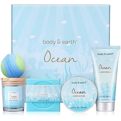 BODY & EARTH Cadeauset voor dames, 5-delig, oceaangeur met geurkaars, lichaamsboter, handcrème, badset, cadeau voor verjaardag, dames, cadeau voor Moederdag Set huidverzorgingsproducten voor dames, huidverzorgingsproducten, kerstcadeaus voor haar BODY & EARTH Cadeauset voor dames, 5-delig, oceaangeur met geurkaars, lichaamsboter, handcrème, badset, cadeau voor verjaardag, dames, cadeau voor Moederdag Set huidverzorgingsproducten voor dames, huidverzorgingsproducten, kerstcadeaus voor haar