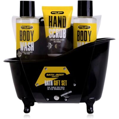 accentra BATH & BODY TOOLKIT Cadeauset voor heren in decoratieve badkuip, 2 x 100 ml, 50 ml douchegel en handscrub en mesh-spons, 4-delige verzorgingsset voor heren, accentra BATH & BODY TOOLKIT Cadeauset voor heren in decoratieve badkuip, 2 x 100 ml, 50 ml douchegel en handscrub en mesh-spons, 4-delige verzorgingsset voor heren,
