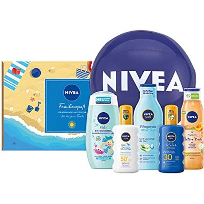 NIVEA Familieverzorgingsset, zonwering voor het hele gezin, praktische geschenkdoos met zonnespray, verzorgende douche, waterpolo en meer NIVEA Familieverzorgingsset, zonwering voor het hele gezin, praktische geschenkdoos met zonnespray, verzorgende douche, waterpolo en meer