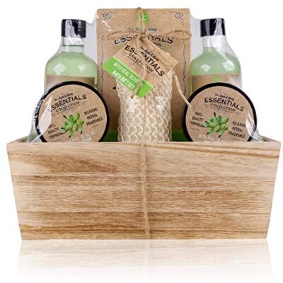 accentra Wellness cadeauset olijf in houten mand, verzorgingsset voor dames, 6 stuks verrijkt met olijfolie accentra Wellness cadeauset olijf in houten mand, verzorgingsset voor dames, 6 stuks verrijkt met olijfolie