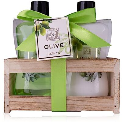 accentra Olive doucheset voor dames in een mooie houten doos, 2-delige verzorgingsset met douchegel en bodylotion, wellness-geschenkdoos voor verjaardag, Valentijnsdag accentra Olive doucheset voor dames in een mooie houten doos, 2-delige verzorgingsset met douchegel en bodylotion, wellness-geschenkdoos voor verjaardag, Valentijnsdag
