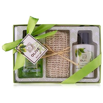 accentra OLIVE Douchecadeauset voor dames in mooie geschenkdoos, 3-delige verzorgingsset met douchegel, bodylotion en sisalhanddoek, wellness-geschenkdoos accentra OLIVE Douchecadeauset voor dames in mooie geschenkdoos, 3-delige verzorgingsset met douchegel, bodylotion en sisalhanddoek, wellness-geschenkdoos