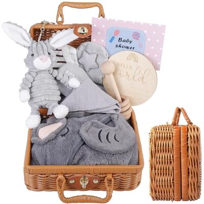 Behogan Cadeaumand voor pasgeborenen: 9-in-1 babyshower-cadeauset met driehoekige doeken, manden, geboortekaarten, wenskaarten, sokken, dieren in Behogan Cadeaumand voor pasgeborenen: 9-in-1 babyshower-cadeauset met driehoekige doeken, manden, geboortekaarten, wenskaarten, sokken, dieren in