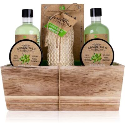 accentra Wellness cadeauset olijf in houten mand, verzorgingsset voor dames, 6 stuks verrijkt met olijfolie accentra Wellness cadeauset olijf in houten mand, verzorgingsset voor dames, 6 stuks verrijkt met olijfolie
