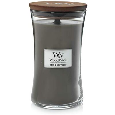 WoodWick Large Hourglass-geurkaars met knapperende lont Sand & Driftwood Tot wel 130 uur brandtijd WoodWick Large Hourglass-geurkaars met knapperende lont Sand & Driftwood Tot wel 130 uur brandtijd