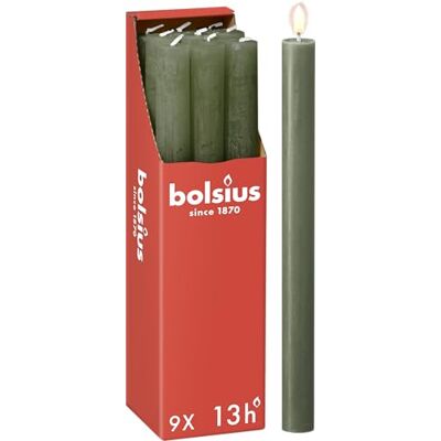 BOLSIUS Set van 9 conische stompkaarsen, donkergroen, lange brandduur van 13 uur, huiskaars, woondecoratie, geurvrij, veganistische natuurlijke was, 27 x 2,3 cm BOLSIUS Set van 9 conische stompkaarsen, donkergroen, lange brandduur van 13 uur, huiskaars, woondecoratie, geurvrij, veganistische natuurlijke was, 27 x 2,3 cm