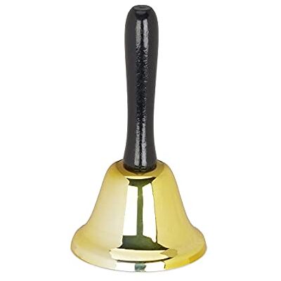 Relaxdays Tafelbel van ijzer met houten greep, krachtig geluid, in goud voor school, receptie, kerstdecoratie, 12 cm Relaxdays Tafelbel van ijzer met houten greep, krachtig geluid, in goud voor school, receptie, kerstdecoratie, 12 cm