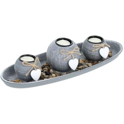Relaxdays Theelichthouder met dienblad en stenen, 38 cm lang, tafeldecoratie voor woonkamer, eetkamer, kandelaar, grijs/wit Relaxdays Theelichthouder met dienblad en stenen, 38 cm lang, tafeldecoratie voor woonkamer, eetkamer, kandelaar, grijs/wit