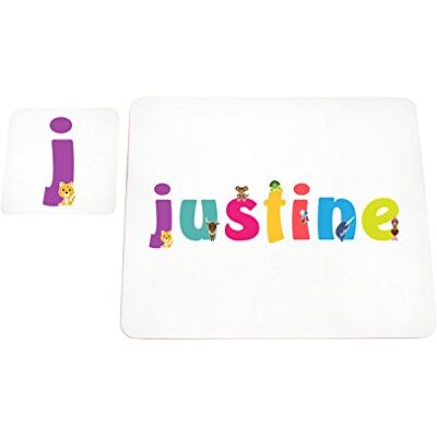 Little Helper Tafelkleed met coaster-stijl, kleurrijk, met justine-naam Little Helper Tafelkleed met coaster-stijl, kleurrijk, met justine-naam