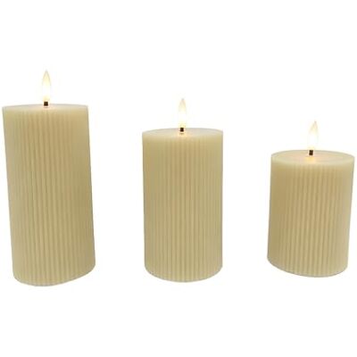 Relaxdays Led-kaarsen, set van 3, 3 maten, flikkerende vlam, echte was, gegroefd, vlamloze kaarsen, beige Relaxdays Led-kaarsen, set van 3, 3 maten, flikkerende vlam, echte was, gegroefd, vlamloze kaarsen, beige