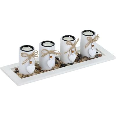 Relaxdays Theelichthouder met dienblad en stenen, 39,5 cm lang, tafeldecoratie voor woonkamer, eetkamer, kandelaar, wit Relaxdays Theelichthouder met dienblad en stenen, 39,5 cm lang, tafeldecoratie voor woonkamer, eetkamer, kandelaar, wit