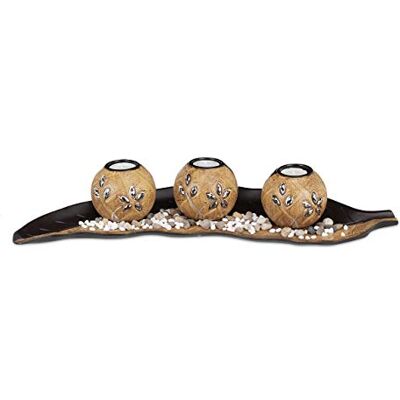 Relaxdays Set van 3 theelichthouders, tafeldecoratie, houten bladeren, decoratieve stenen, kandelaar, bruin Relaxdays Set van 3 theelichthouders, tafeldecoratie, houten bladeren, decoratieve stenen, kandelaar, bruin