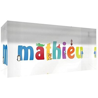 Little Helper Decoratief herinneringsstuk van acryl, transparant, gepolijst als diamant, illustratiestijl, kleurrijk, met de naam van de jong, Mathieu 5 x 21 x 2 cm, groot Little Helper Decoratief herinneringsstuk van acryl, transparant, gepolijst als diamant, illustratiestijl, kleurrijk, met de naam van de jong, Mathieu 5 x 21 x 2 cm, groot