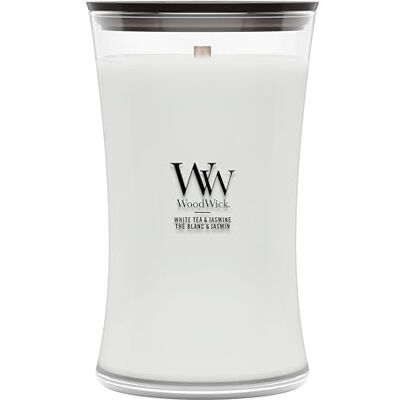 WoodWick Grote zandlopervormige geurkaars, witte thee en jasmijn, met gebarsten lont, brandt tot 130 uur WoodWick Grote zandlopervormige geurkaars, witte thee en jasmijn, met gebarsten lont, brandt tot 130 uur