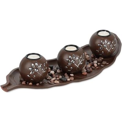 Relaxdays Theelichthouder met dienblad en stenen, 50,5 cm lang, tafeldecoratie voor woonkamer, eetkamer, bruin Relaxdays Theelichthouder met dienblad en stenen, 50,5 cm lang, tafeldecoratie voor woonkamer, eetkamer, bruin