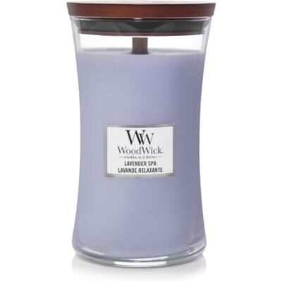 WoodWick Grote zandlopervormige geurkaars met knetterende lont, lavendel spa, brandduur tot 130 uur WoodWick Grote zandlopervormige geurkaars met knetterende lont, lavendel spa, brandduur tot 130 uur