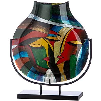 Decoratieve vaas op zwarte metalen standaard Face Face handbeschilderd kunstobject kleurrijk hoogte 40cm Decoratieve vaas op zwarte metalen standaard Face Face handbeschilderd kunstobject kleurrijk hoogte 40cm