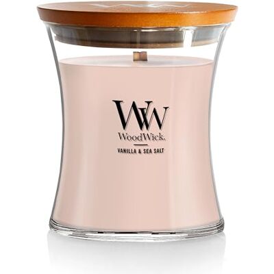 WoodWick Medium Hourglass-geurkaars met knapperende lont Vanilla & Sea Salt Tot wel 60 uur brandtijd WoodWick Medium Hourglass-geurkaars met knapperende lont Vanilla & Sea Salt Tot wel 60 uur brandtijd