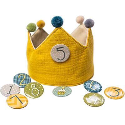 Papierdrachen Verjaardagskroon van chiffon met cijferknoppen van 1 tot 8, hoed voor verjaardagsfeest, decoratie voor jongens en meisjes (geel) Papierdrachen Verjaardagskroon van chiffon met cijferknoppen van 1 tot 8, hoed voor verjaardagsfeest, decoratie voor jongens en meisjes (geel)