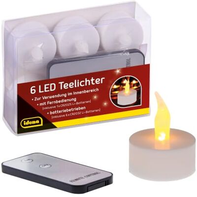 Idena 38204, led theelichtkaarsen, 6 stuks, elektrische kaarsen met flikkerend licht, met afstandsbediening, batterijen inbegrepen, decoratie voor bruiloft, feest, kerst, Pasen, als sfeerlicht. Idena 38204, led theelichtkaarsen, 6 stuks, elektrische kaarsen met flikkerend licht, met afstandsbediening, batterijen inbegrepen, decoratie voor bruiloft, feest, kerst, Pasen, als sfeerlicht.