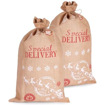 BRUBAKER Kersttas, speciale levering kerstman met slee, 80 cm, cadeauzakje voor Kerstmis, Sinterklaas, jute zak met koord voor het verpakken van geschenken, jute zak, 2 stuks BRUBAKER Kersttas, speciale levering kerstman met slee, 80 cm, cadeauzakje voor Kerstmis, Sinterklaas, jute zak met koord voor het verpakken van geschenken, jute zak, 2 stuks