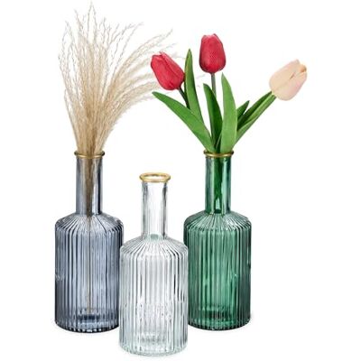 Relaxdays Decoratieve glazen vaas, set van 3, woondecoratie, H x D: 20,5 x 8 cm, flessen, met groeven, kleurrijk Relaxdays Decoratieve glazen vaas, set van 3, woondecoratie, H x D: 20,5 x 8 cm, flessen, met groeven, kleurrijk