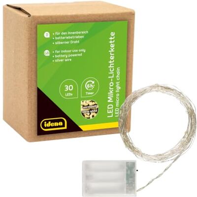 Idena 31824, micro-lichtketting met 30 leds in warm wit, met 6 uur timer, werkt op batterijen, voor feesten, Kerstmis, decoratie, bruiloft of als sfeerlicht Idena 31824, micro-lichtketting met 30 leds in warm wit, met 6 uur timer, werkt op batterijen, voor feesten, Kerstmis, decoratie, bruiloft of als sfeerlicht
