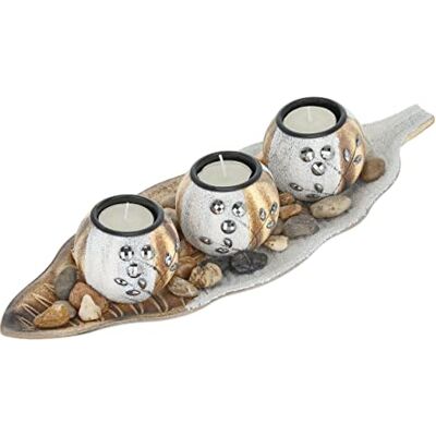 Relaxdays Theelichthouder met 3 kandelaars, bladplaat, decoratieve stenen, tafeldecoratie voor woonkamer, kaarsdecoratie, bruin/wit Relaxdays Theelichthouder met 3 kandelaars, bladplaat, decoratieve stenen, tafeldecoratie voor woonkamer, kaarsdecoratie, bruin/wit