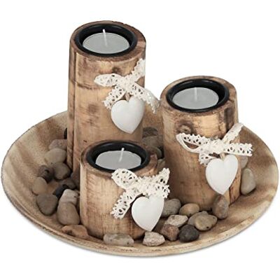 Relaxdays Decoratieve ronde theelichthouders met theelichtjes en stenen, tafeldecoratie voor woonkamer, eetkamer, hout, natuur Relaxdays Decoratieve ronde theelichthouders met theelichtjes en stenen, tafeldecoratie voor woonkamer, eetkamer, hout, natuur