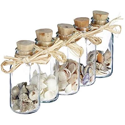 Relaxdays Set van 5 decoratieve schelpflessen, maritieme badkamerdecoratie, zeeschelpen, mini-glazen flessen, naturel Relaxdays Set van 5 decoratieve schelpflessen, maritieme badkamerdecoratie, zeeschelpen, mini-glazen flessen, naturel
