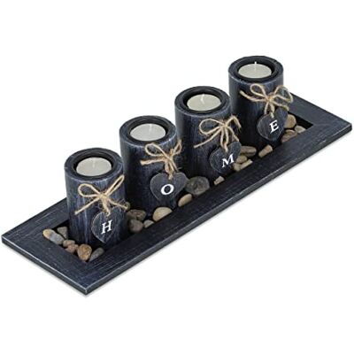 Relaxdays Theelichthouder met dienblad en stenen, 39,5 cm lang, tafeldecoratie voor woonkamer, huis, zwart Relaxdays Theelichthouder met dienblad en stenen, 39,5 cm lang, tafeldecoratie voor woonkamer, huis, zwart