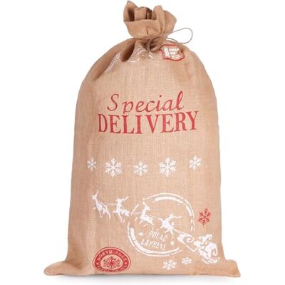 BRUBAKER Kersttas speciale levering kerstman met slee 80 cm kerstcadeauzakje Sinterklaas Jute zak met koord voor het verpakken van geschenken Jute zak BRUBAKER Kersttas speciale levering kerstman met slee 80 cm kerstcadeauzakje Sinterklaas Jute zak met koord voor het verpakken van geschenken Jute zak