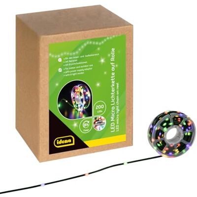 Idena 30541 micro-led-lichtketting met 200 kleurrijke leds, voor binnen en buiten, ca. 22,9 m lang op rol, 8 uur timerfunctie, doe-het-zelf, decoratie Idena 30541 micro-led-lichtketting met 200 kleurrijke leds, voor binnen en buiten, ca. 22,9 m lang op rol, 8 uur timerfunctie, doe-het-zelf, decoratie