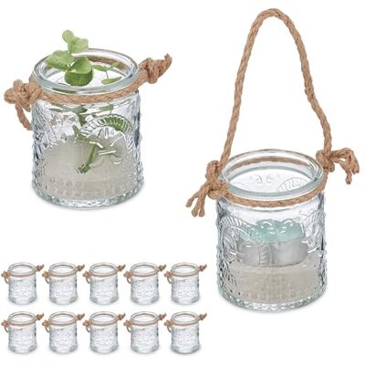 Relaxdays Theelichtpotten, 12 stuks, glazen met handvat, 7 x 6 cm, binnen en buiten, bruiloftsdecoratie, transparant natuur Relaxdays Theelichtpotten, 12 stuks, glazen met handvat, 7 x 6 cm, binnen en buiten, bruiloftsdecoratie, transparant natuur