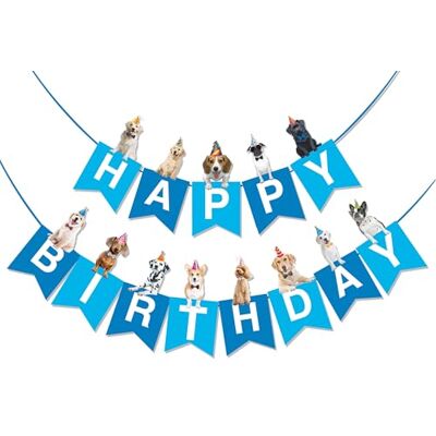 BRUBAKER "Happy Birthday" wimpels met honden, verjaardag, decoratie, banner, slinger, decoratie voor jongens en meisjes, verjaardag, dieren, slinger voor verjaardagsfeest, blauw BRUBAKER "Happy Birthday" wimpels met honden, verjaardag, decoratie, banner, slinger, decoratie voor jongens en meisjes, verjaardag, dieren, slinger voor verjaardagsfeest, blauw