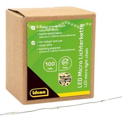 Idena 30185 micro-led-lichtketting met 100 leds in warmwit, 6 uur timerfunctie, werkt op batterijen, lengte 10,2 m, woondecoratie, doe-het-zelf decoratie Idena 30185 micro-led-lichtketting met 100 leds in warmwit, 6 uur timerfunctie, werkt op batterijen, lengte 10,2 m, woondecoratie, doe-het-zelf decoratie
