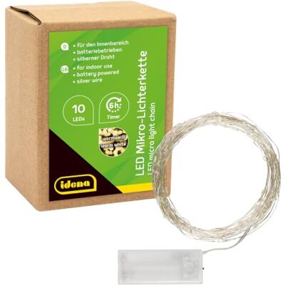 Idena 31114 10 led micro lichtketting in warm wit met 6 uur timer, werkt op batterijen, voor feest, Kerstmis, decoratie, bruiloft, sfeerlicht Idena 31114 10 led micro lichtketting in warm wit met 6 uur timer, werkt op batterijen, voor feest, Kerstmis, decoratie, bruiloft, sfeerlicht