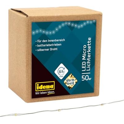 Idena 31825 Micro-lichtketting met 50 leds in warm wit, met 6 uur timer, werkt op batterijen, voor feestjes, Kerstmis, decoratie, bruiloft, sfeerlicht Idena 31825 Micro-lichtketting met 50 leds in warm wit, met 6 uur timer, werkt op batterijen, voor feestjes, Kerstmis, decoratie, bruiloft, sfeerlicht