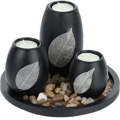 Relaxdays Theelichthouder met dienblad en stenen, diameter 19,5 cm, tafeldecoratie voor woonkamer en eetkamer, kandelaar, zwart/bruin, 19,5 cm Relaxdays Theelichthouder met dienblad en stenen, diameter 19,5 cm, tafeldecoratie voor woonkamer en eetkamer, kandelaar, zwart/bruin, 19,5 cm