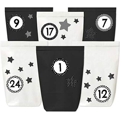 Papierdrachen Adventskalender om te vullen, 24 papieren zakken in zwart en wit en 24 cijferstickers (zwart en wit met sterren), om zelf te maken en te vullen, mini-set 113, Kerstmis 2021 Papierdrachen Adventskalender om te vullen, 24 papieren zakken in zwart en wit en 24 cijferstickers (zwart en wit met sterren), om zelf te maken en te vullen, mini-set 113, Kerstmis 2021