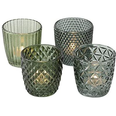 Boltze Windlicht Set Marilu 4-delig (groen, decoratieve glazen voor kaarsen / theelichtjes, kaarsenstandaard ø 8 cm, verschillende patronen, vorm rond, theelichthouder) 1014420 Boltze Windlicht Set Marilu 4-delig (groen, decoratieve glazen voor kaarsen / theelichtjes, kaarsenstandaard ø 8 cm, verschillende patronen, vorm rond, theelichthouder) 1014420
